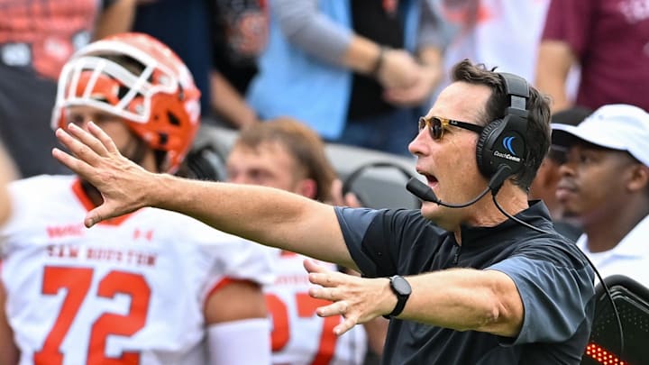 Sep 3, 2022; College Station, Texas, USA;  Sam Houston State Bearkats head coach K.C. Keeler reacts on the sideline during the first quarter against the Texas A&M Aggies at Kyle Field. Mandatory Credit: Maria Lysaker-Imagn Images