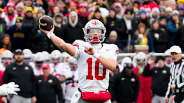 Ohio State Buckeyes quarterback Julian Sayin (10) makes a pass against the Michigan Wolverines in the first half of the NCAA football game at Michigan Stadium on Saturday, Nov. 29, 2025 in Ann Arbor, Michigan.