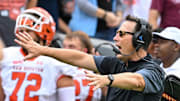 Sep 3, 2022; College Station, Texas, USA;  Sam Houston State Bearkats head coach K.C. Keeler reacts on the sideline during the first quarter against the Texas A&M Aggies at Kyle Field. Mandatory Credit: Maria Lysaker-Imagn Images