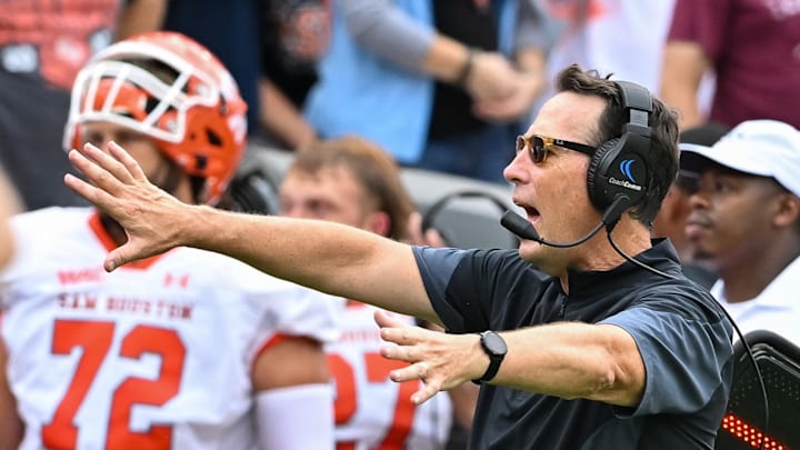 Sep 3, 2022; College Station, Texas, USA; Sam Houston State Bearkats head coach K.C. Keeler reacts on the sideline during the first quarter against the Texas A&M Aggies at Kyle Field. Mandatory Credit: Maria Lysaker-Imagn Images Sep 3, 2022; College Station, Texas, USA; Sam Houston State Bearkats head coach K.C. Keeler reacts on the sideline during the first quarter against the Texas A&M Aggies at Kyle Field. Mandatory Credit: Maria Lysaker-Imagn Images