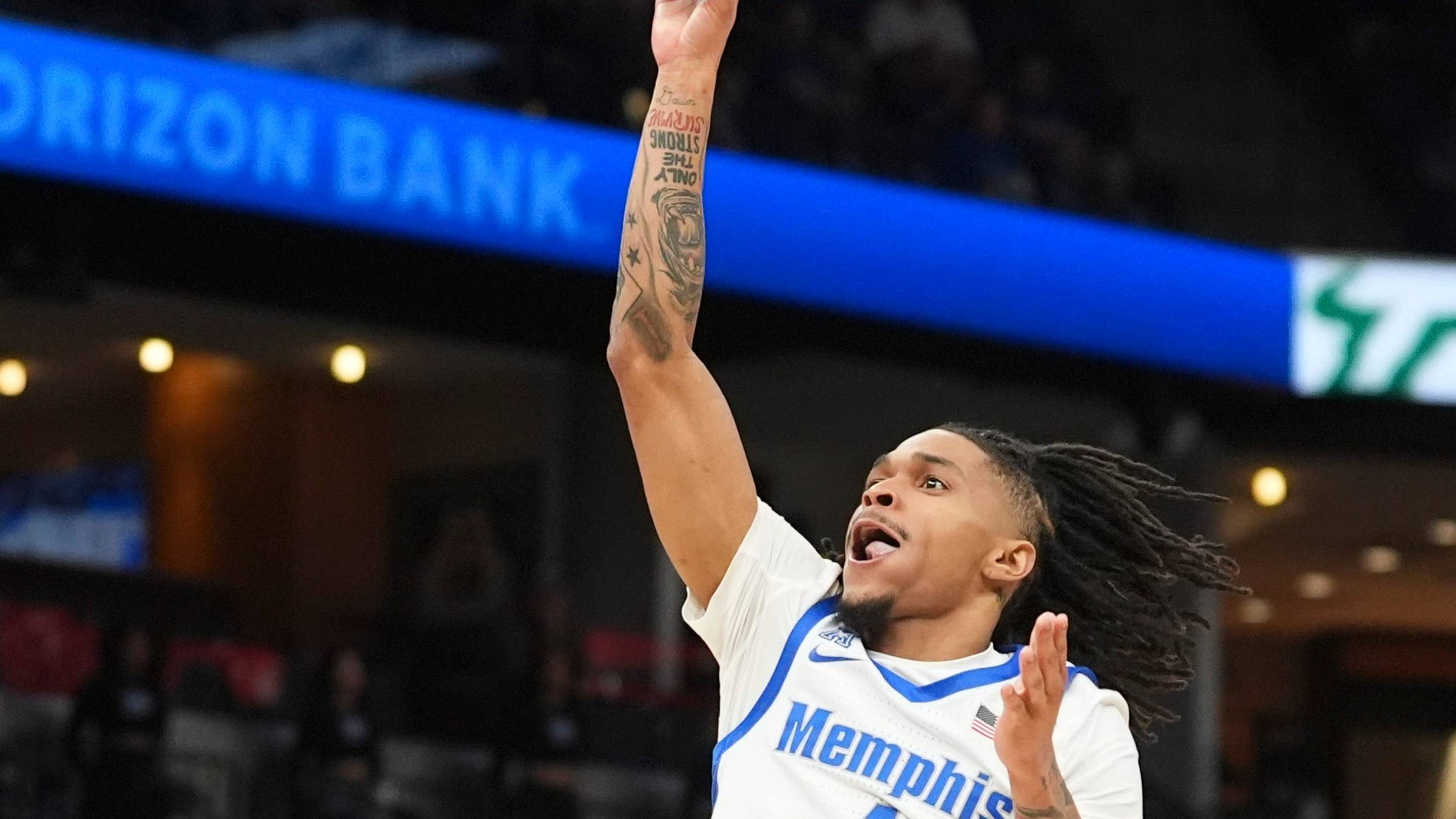 Memphis' Dug McDaniel (1) shoots the ball during the game between Memphis and the University of South Florida at FedExForum in Memphis, Tenn., on March 5, 2026. | USA TODAY Network via Reuters Connect