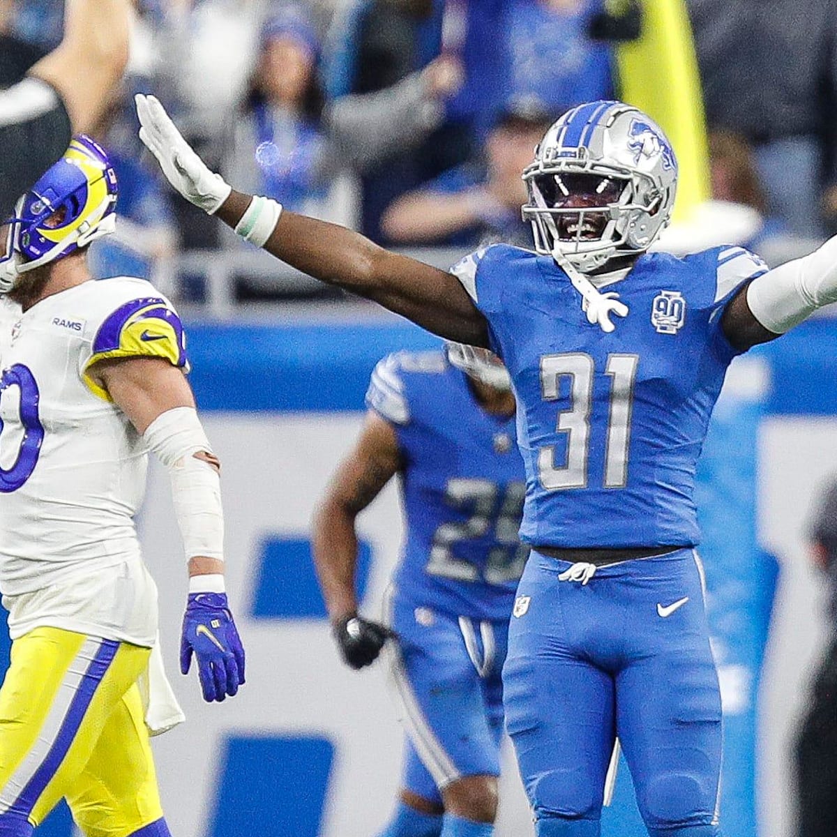 Detroit Lions Kerby Joseph gives thumbs down to Matthew Stafford jersey