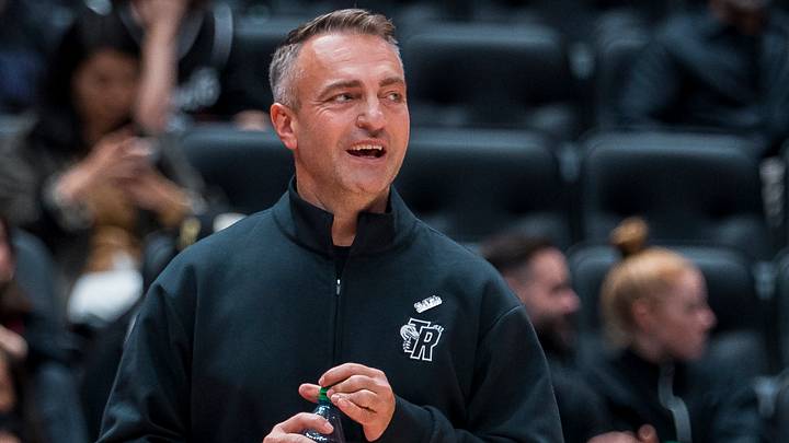 Oct 10, 2026; Vancouver, British Columbia, CAN; Toronto Raptors head coach Darko Rajakovic smiles during a stop in play against the Los Angeles Clippers in the second half at Rogers Arena. Mandatory Credit: Bob Frid-Imagn Images
