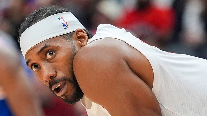 Oct 13, 2026; Toronto, Ontario, CAN;  Toronto Raptors forward Kawhi Leonard (2) during a break in the action against the New York Knicks during the first half at Scotiabank Arena.  Mandatory Credit: John E. Sokolowski-Imagn Images