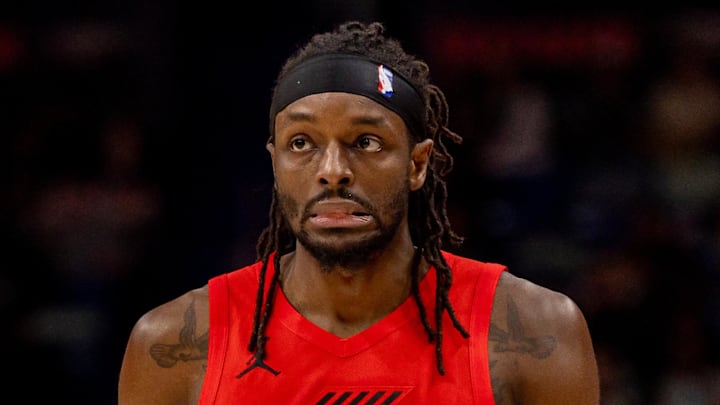Dec 11, 2025; New Orleans, Louisiana, USA;  Portland Trail Blazers forward Jerami Grant (9) reacts to a play against the New Orleans Pelicans during the first half at Smoothie King Center. Mandatory Credit: Stephen Lew-Imagn Images