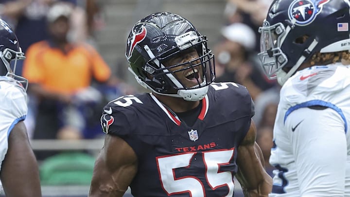Nov 24, 2024; Houston, Texas, USA; Houston Texans defensive end Danielle Hunter (55) reacts after making a tackle during the second quarter against the Tennessee Titans at NRG Stadium. Mandatory Credit: Troy Taormina-Imagn Images Nov 24, 2024; Houston, Texas, USA; Houston Texans defensive end Danielle Hunter (55) reacts after making a tackle during the second quarter against the Tennessee Titans at NRG Stadium. Mandatory Credit: Troy Taormina-Imagn Images