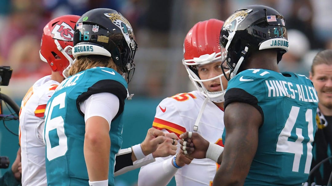 Kansas City Chiefs kicker Harrison Butker (7), Jacksonville Jaguars quarterback Trevor Lawrence (16), quarterback Patrick Mahomes (15) and defensive end Josh Hines-Allen (41) greet each other at center field for the coin toss before the start of Saturday's game. The Jaguars led 20 to 10 at the end of the first half. The Jacksonville Jaguars hosted the Kansas City Chiefs in the Jaguars first preseason game of the season Saturday, August10, 2024 at EverBank Stadium in Jacksonville, Fla. [Bob