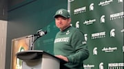 Michigan State head coach Jonathan Smith speaks to the media following a 31-20 loss to the Michigan Wolverines.