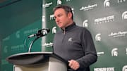 Michigan State head coach Jonathan Smith listens to a question being asked during a press conference on Nov. 10, 2025.