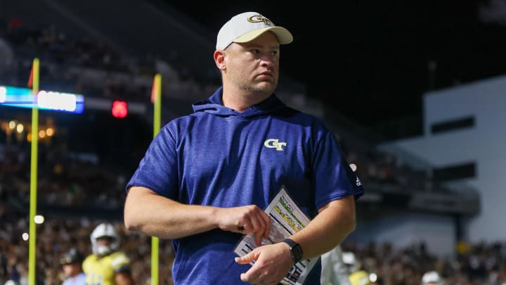 Oct 28, 2023; Atlanta, Georgia, USA; Georgia Tech Yellow Jackets head coach Brent Key on the field before a game against the North Carolina Tar Heels at Bobby Dodd Stadium at Hyundai Field. Mandatory Credit: Brett Davis-USA TODAY Sports