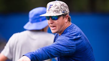 Co-Offensive Coordinator / Tight Ends Coach Russ Callaway, coaches during Fall practice at Sanders Practice Fields in Gainesville, FL on Tuesday, August 13, 2024. [Doug Engle/Gainesville Sun]