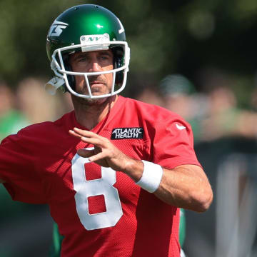 Jul 27, 2024; Florham Park, NJ, USA; New York Jets quarterback Aaron Rodgers (8) throws the ball during training camp at Atlantic Health Jets Training Center.