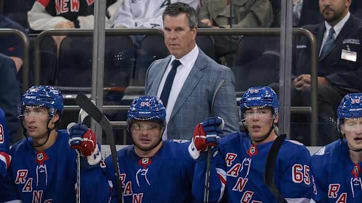 Sep 23, 2025; New York, New York, USA; New York Rangers head coach Mike Sullivan looks on during the first period of a preseason game against the Boston Bruins at Madison Square Garden.