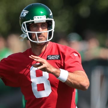 Jul 27, 2024; Florham Park, NJ, USA; New York Jets quarterback Aaron Rodgers (8) throws the ball during training camp at Atlantic Health Jets Training Center.