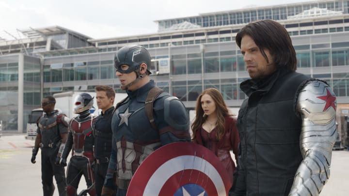 Marvel's Captain America: Civil War..L to R: Falcon/Sam Wilson (Anthony Mackie), Ant-Man/Scott Lang (Paul Rudd), Hawkeye/Clint Barton (Jeremy Renner), Captain America/Steve Rogers (Chris Evans), Scarlet Witch/Wanda Maximoff (Elizabeth Olsen) and Winter Soldier/Bucky Barnes (Sebastian Stan)..Photo Credit: Film Frame..© Marvel 2016