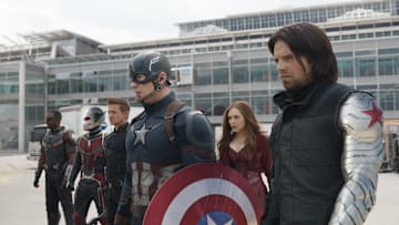 Marvel's Captain America: Civil War..L to R: Falcon/Sam Wilson (Anthony Mackie), Ant-Man/Scott Lang (Paul Rudd), Hawkeye/Clint Barton (Jeremy Renner), Captain America/Steve Rogers (Chris Evans), Scarlet Witch/Wanda Maximoff (Elizabeth Olsen) and Winter Soldier/Bucky Barnes (Sebastian Stan)..Photo Credit: Film Frame..© Marvel 2016