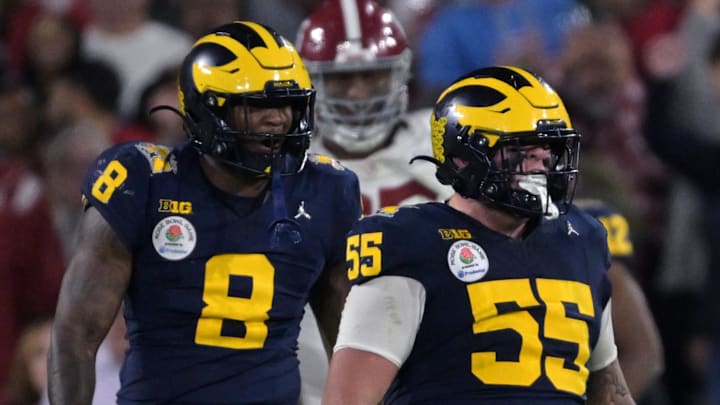 Jan 1, 2024; Pasadena, CA, USA; Michigan Wolverines defensive lineman Mason Graham (55) celebrates after a tackle against the Alabama Crimson Tide during overtime in the 2024 Rose Bowl college football playoff semifinal game at Rose Bowl. Mandatory Credit: Jayne Kamin-Oncea-Imagn Images