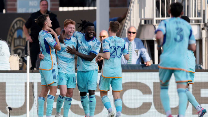 Aug 25, 2024; Philadelphia, Pennsylvania, USA; Colorado Rapids midfielder Oliver Larraz (18) celebrates with teammates after scoring a goal against the Philadelphia Union during the second half of the Leagues Cup third place match at Subaru Park. Mandatory Credit: Caean Couto-USA TODAY Sports