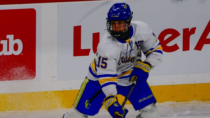 St. Cloud Cathedral hockey senior Connor Stockman plays against Mahtomedi in the state semifinal March 5, 2025 at the Xcel Energy Center in St. Paul. The Crusaders won 3-0.