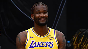 Sep 29, 2025; Los Angeles, CA, USA; Los Angeles Lakers guard Augustus Marciulionis (31), center Deandre Ayton (5) and guard R.J. Davis (55) during media day at UCLA Health Training Center. Mandatory Credit: Gary A. Vasquez-Imagn Images