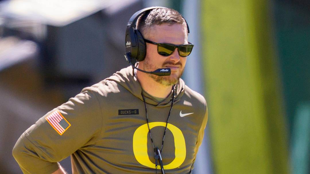 Oregon head coach Dan Lanning looks on during the Oregon Ducks annual spring game on April 25, 2026 at Autzen Stadium in Eugene, Oregon.
