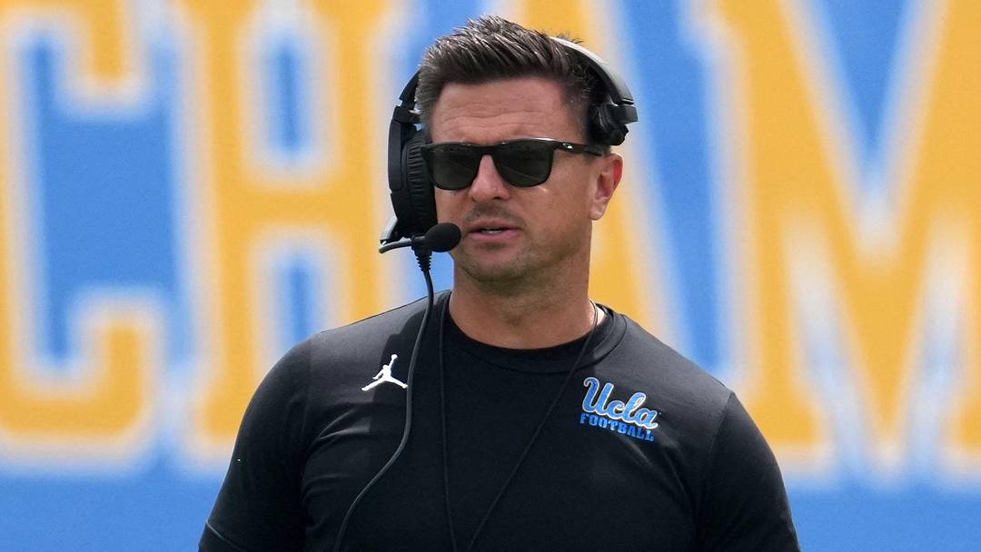 May 2, 2026; Pasadena, CA, USA; UCLA Bruins coach Bob Chesney reacts during the spring game at Rose Bowl. Mandatory Credit: Kirby Lee-Imagn Images