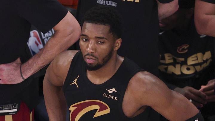 May 19, 2026; New York, New York, USA; Cleveland Cavaliers guard Donovan Mitchell (45) reacts after losing to the New York Knicks in overtime of game one of the eastern conference finals for the 2026 NBA playoffs at Madison Square Garden. Mandatory Credit: Vincent Carchietta-Imagn Images