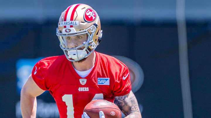 May 10, 2024; Santa Clara, CA, USA; San Francisco 49ers wide receiver Ricky Pearsall (14) runs drills during the 49ers rookie minicamp at Levi’s Stadium in Santa Clara, CA. Mandatory Credit: Robert Kupbens-USA TODAY Sports