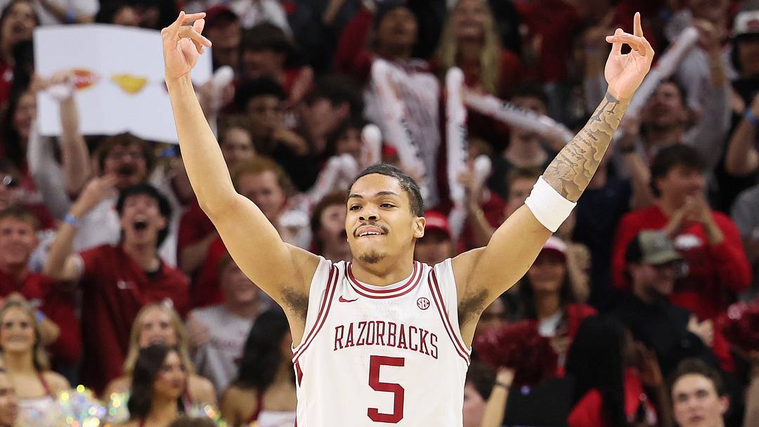 Mar 4, 2026; Fayetteville, Arkansas, USA; Arkansas Razorbacks guard Darius Acuff Jr (5) celebrates after a play against the Texas Longhorns during the first half at Bud Walton Arena. Mandatory Credit: Nelson Chenault-Imagn Images Mar 4, 2026; Fayetteville, Arkansas, USA; Arkansas Razorbacks guard Darius Acuff Jr (5) celebrates after a play against the Texas Longhorns during the first half at Bud Walton Arena. Mandatory Credit: Nelson Chenault-Imagn Images