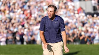 May 18, 2025; Charlotte, North Carolina, USA; Scottie Scheffler celebrates after winning the PGA Championship golf tournament at Quail Hollow. Mandatory Credit: Jim Dedmon-Imagn Images