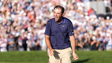 May 18, 2025; Charlotte, North Carolina, USA; Scottie Scheffler celebrates after winning the PGA Championship golf tournament at Quail Hollow. Mandatory Credit: Jim Dedmon-Imagn Images