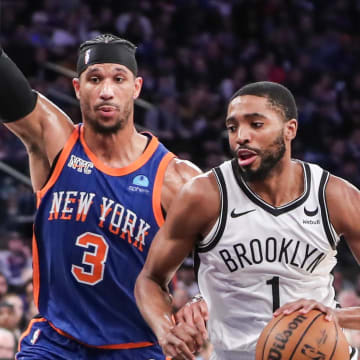 Mar 23, 2024; New York, New York, USA;  Brooklyn Nets forward Mikal Bridges (1) looks to drive past New York Knicks guard Josh Hart (3) in the second quarter at Madison Square Garden. Mandatory Credit: Wendell Cruz-USA TODAY Sports