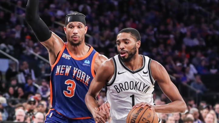 Mar 23, 2024; New York, New York, USA;  Brooklyn Nets forward Mikal Bridges (1) looks to drive past New York Knicks guard Josh Hart (3) in the second quarter at Madison Square Garden. Mandatory Credit: Wendell Cruz-USA TODAY Sports