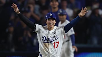 Oct 27, 2025; Los Angeles, California, USA; Los Angeles Dodgers designated hitter Shohei Ohtani (17) celebrates after winning in the eighteenth inning against the Toronto Blue Jays in game three of the 2025 MLB World Series at Dodger Stadium. Mandatory Credit: Kiyoshi Mio-Imagn Images