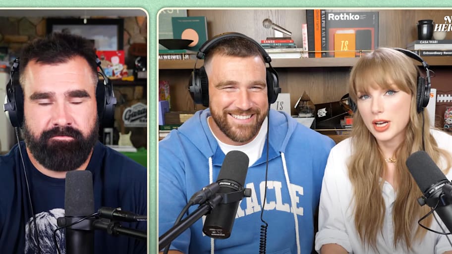 Taylor Swift appeared on Travis and Jason Kelce's podcast, New Heights. | Screenshot via New Heights on YouTube