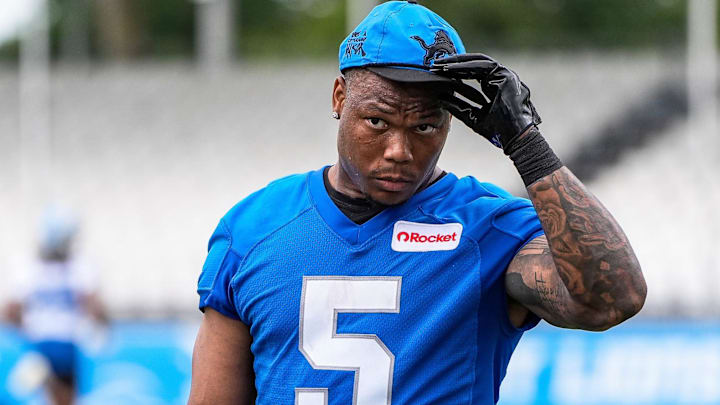 Former Detroit Lions running back David Montgomery (5) walks off the field after practice during training camp at Meijer Performance Center in Allen Park on Sunday, July 20, 2025.
