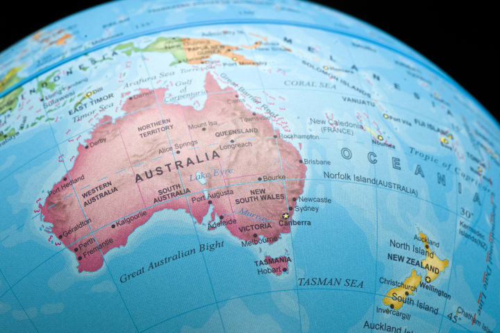 Close up of globe showing Australia and New Zealand