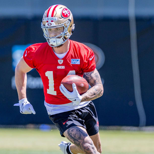 San Francisco 49ers wide receiver Ricky Pearsall (14) runs drills during the 49ers rookie minicamp at Levi’s Stadium in Santa