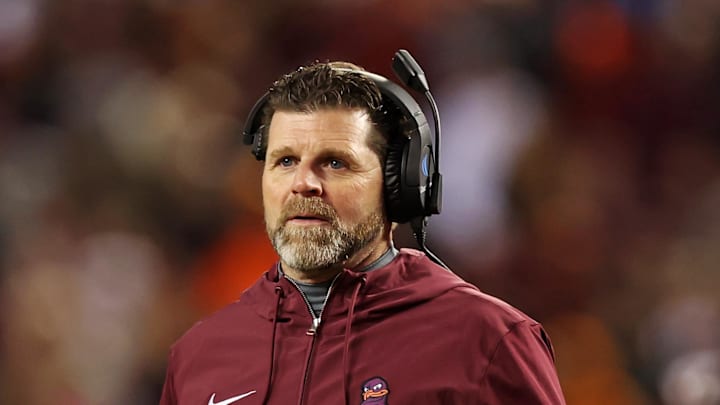 Nov 18, 2023; Blacksburg, Virginia, USA; Virginia Tech Hokies head coach Brent Pry looks on during the game against the North Carolina State Wolfpack at Lane Stadium. Mandatory Credit: Peter Casey-Imagn Images