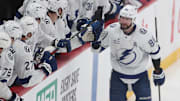 Jan 12, 2025; Pittsburgh, Pennsylvania, USA; Tampa Bay Lightning right wing Nikita Kucherov (86) celebrates his goal with the Lightning bench against the Pittsburgh Penguins during the second period at PPG Paints Arena. Mandatory Credit: Charles LeClaire-Imagn Images