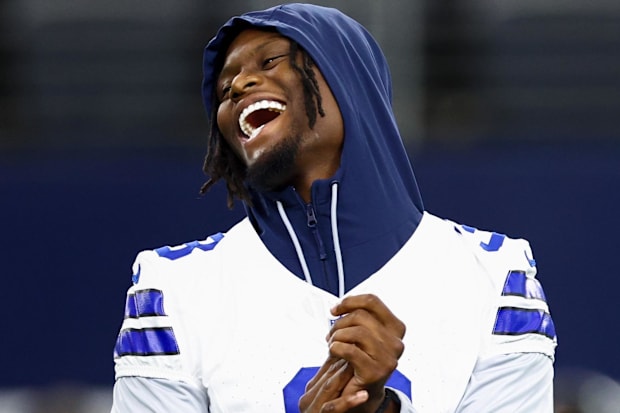 Dallas Cowboys WR George Pickens (3) laughs before the game against the Atlanta Falcons. Dallas Cowboys WR George Pickens (3) laughs before the game against the Atlanta Falcons.