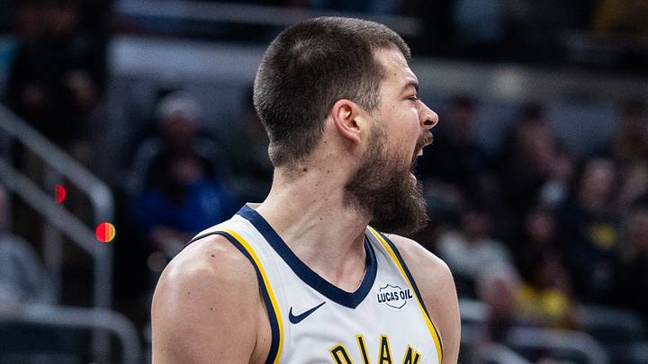 Mar 18, 2026; Indianapolis, Indiana, USA; Indiana Pacers center Ivica Zubac (40) reacts to a basket in the first half against the Portland Trail Blazers at Gainbridge Fieldhouse. Mandatory Credit: Trevor Ruszkowski-Imagn Images