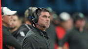 Dec 2, 2022; San Antonio, Texas, USA;  North Texas Mean Green head coach Seth Littrell looks on in the second half against the UTSA Roadrunners at the Alamodome. Mandatory Credit: Daniel Dunn-Imagn Images