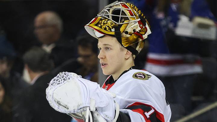 Jan 14, 2026; New York, New York, USA;  Ottawa Senators goaltender Leevi Meriläinen (1) at Madison Square Garden. Mandatory Credit: Wendell Cruz-Imagn Images