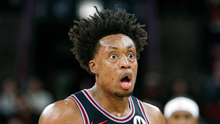 Apr 5, 2026; Chicago, Illinois, USA; Chicago Bulls guard Collin Sexton (2) reacts to a call during the first half at United Center. Mandatory Credit: Kamil Krzaczynski-Imagn Images