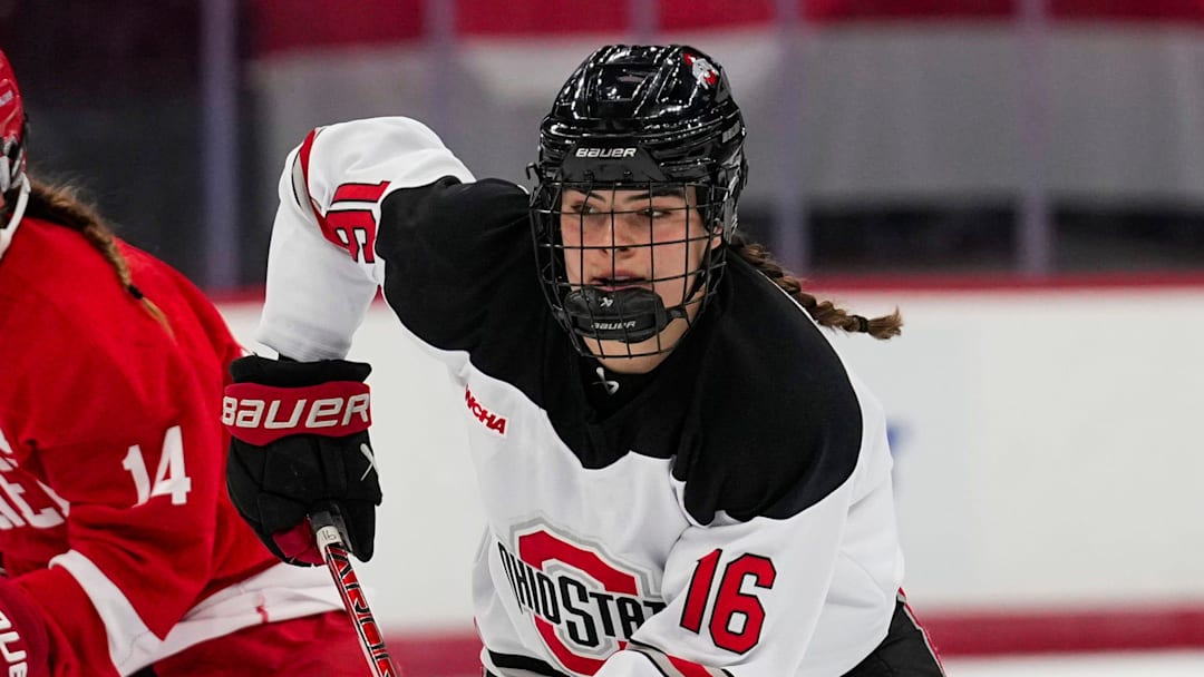 Ohio State Buckeyes forward Joy Dunne (16) skates with the puck in the second period at the Schottenstein Center on Saturday, Oct. 26, 2024 in Columbus, Ohio.
