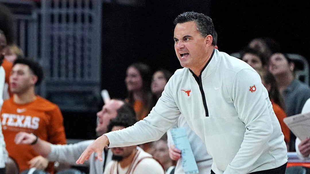 Texas Longhorns head coach Sean Miller reacts to the referee during the second half against the Rider Broncs at Moody Center.