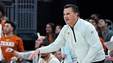 Texas Longhorns head coach Sean Miller reacts to the referee during the second half against the Rider Broncs at Moody Center.
