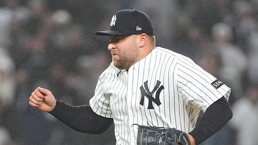Apr 4, 2026; Bronx, New York, USA;  New York Yankees pitcher David Bednar (53) reacts to getting the last out and the save during the ninth inning against the Miami Marlins at Yankee Stadium.