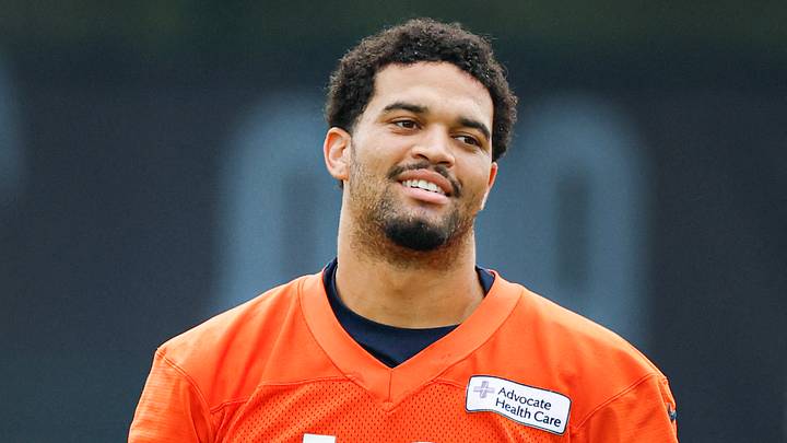 Aug 5, 2026; Lake Forest, IL, USA; Chicago Bears quarterback Caleb Williams (18) stands on the field during training camp at Halas Hall. Mandatory Credit: Kamil Krzaczynski-Imagn Images